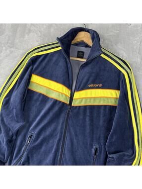 VTG Adidas Originals Velour Track Jacket 3 Stripe Navy Yellow Size S Retro Y2K